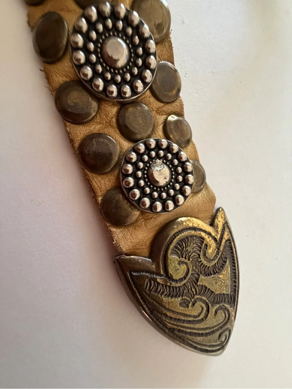 Western Studded Leather Belt with Decorative Silver Buckle - Tan
